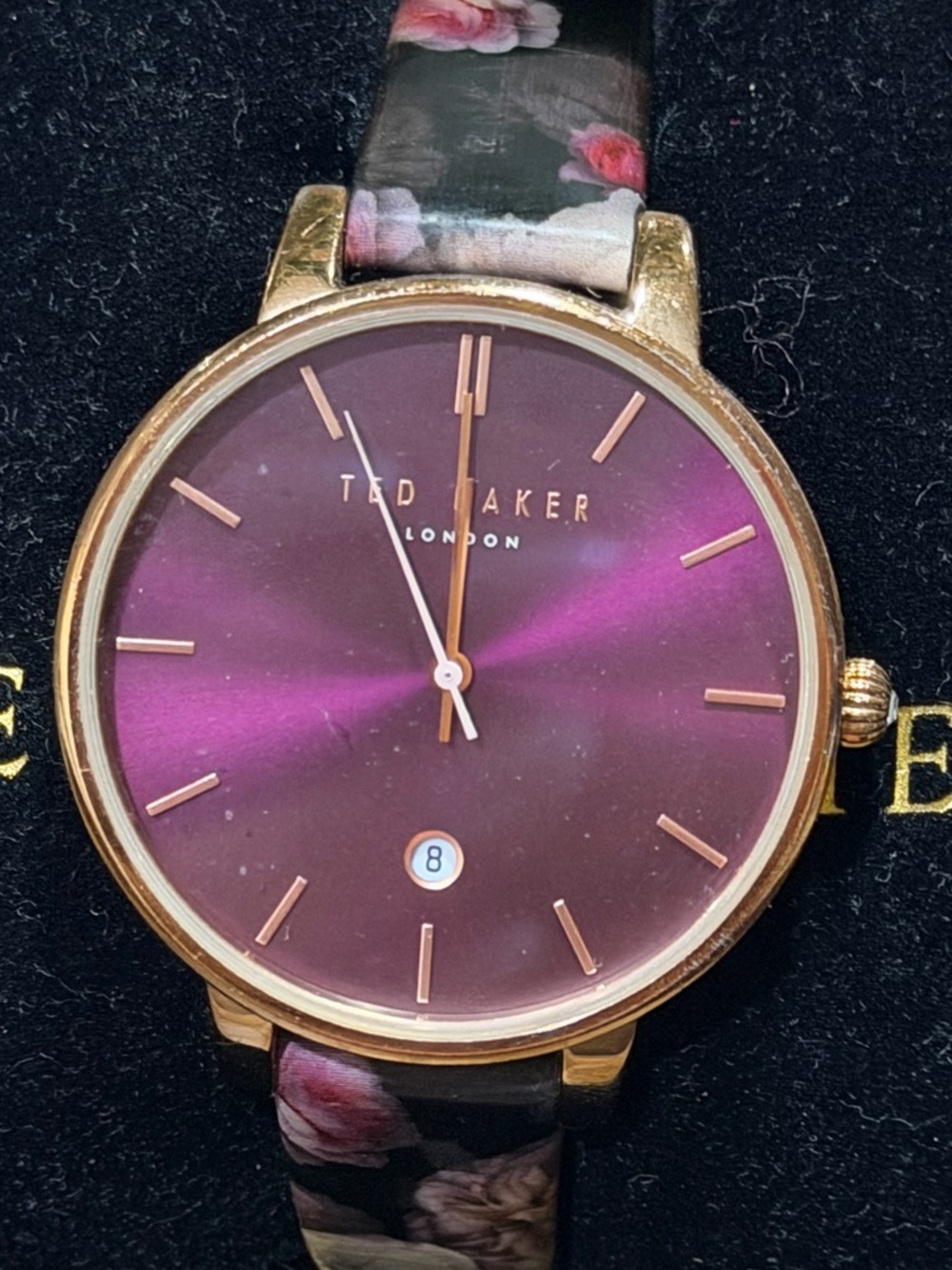 Ted Baker Gold-Tone Case Purple Sunray Dial Floral Leather Strap Watch